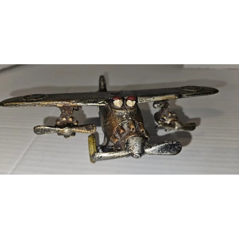 1930's 40's Vintage Toy Metal Cast Iron Propeller Plane Airplane Silver‎